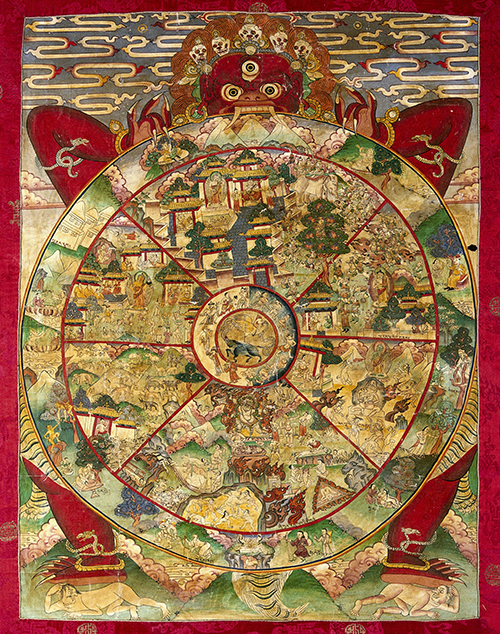 Yama seigneur de la mort tenant la roue de l existence dtail d un thangka tibtain
